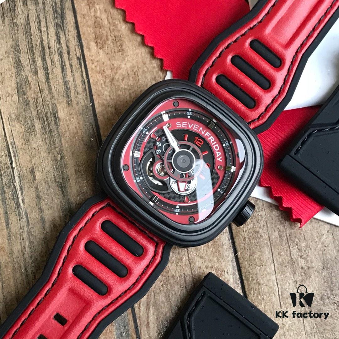 Original Design! New Arrival 2018! Seven Friday's Latest Model! Hot Seller! ~ Diameter 47mm x 13mm, Imported Waterproof Calf Leather Combined with Rubber Strap, Innovative Design Inspired by Red Racing Teams