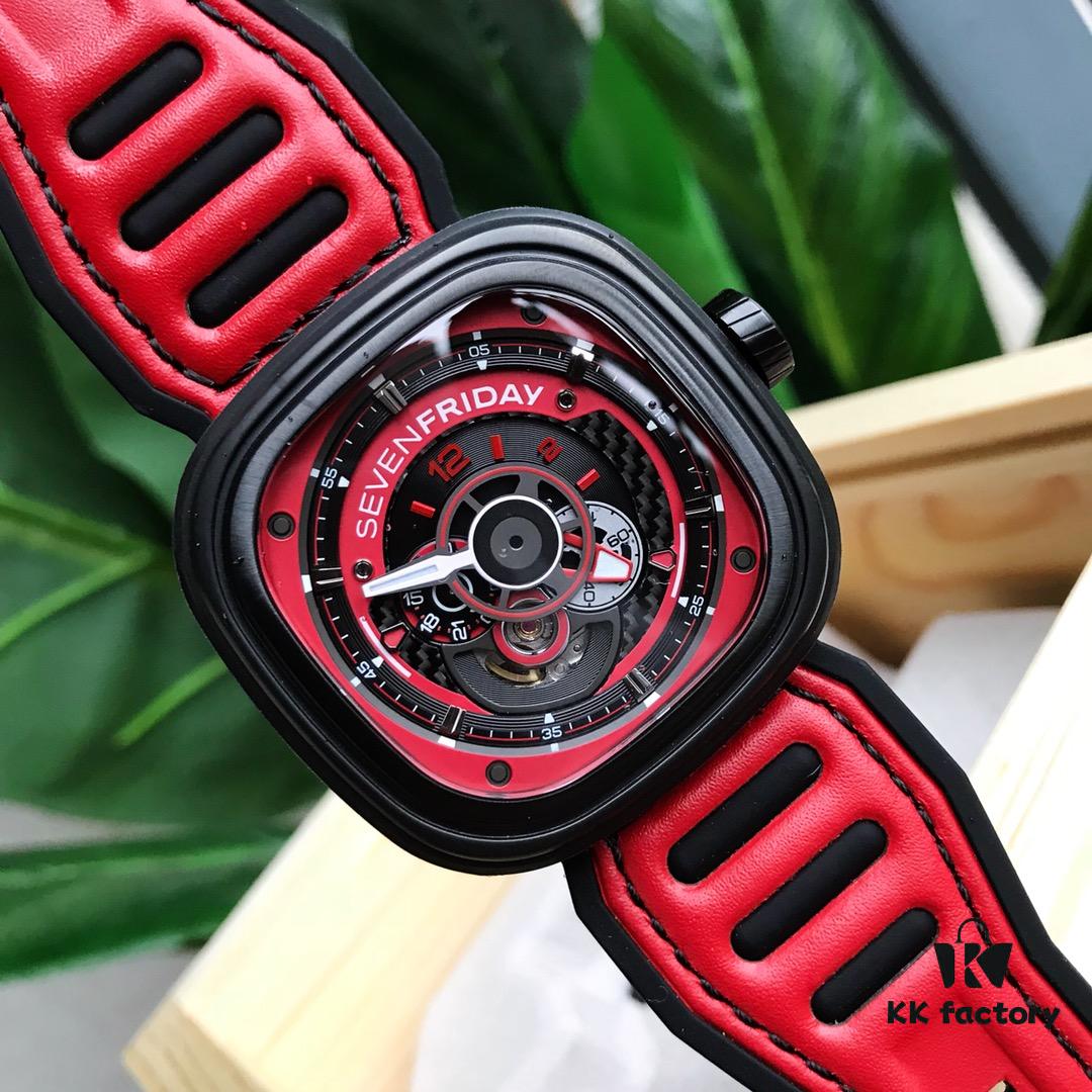 Original Design! New Arrival 2018! Seven Friday's Latest Model! Hot Seller! ~ Diameter 47mm x 13mm, Imported Waterproof Calf Leather Combined with Rubber Strap, Innovative Design Inspired by Red Racing Teams