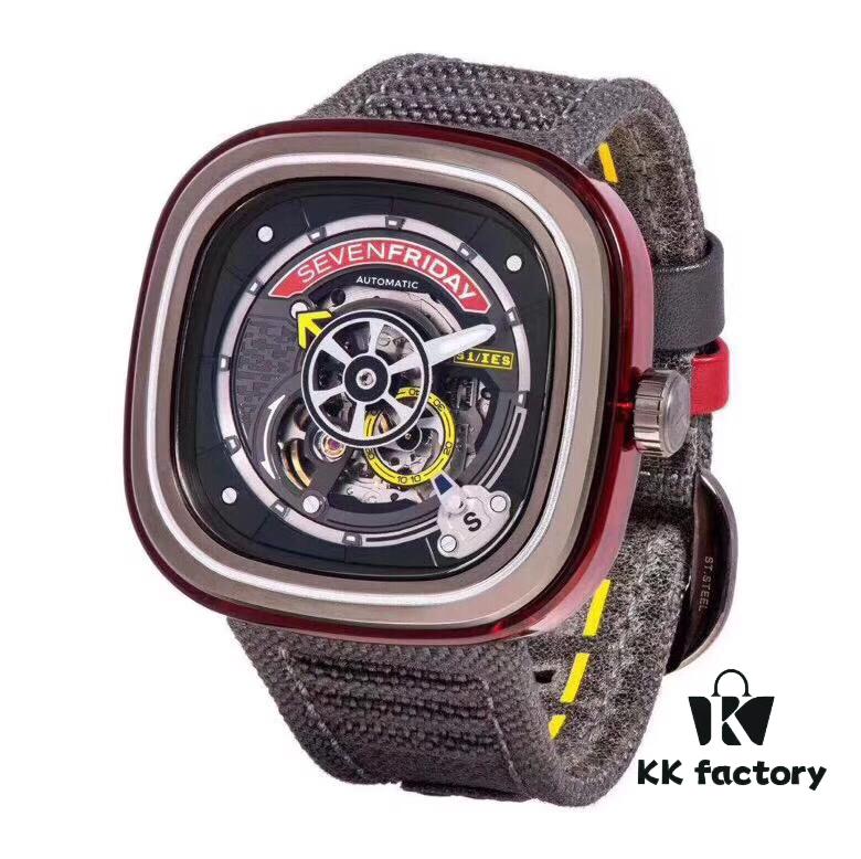 New Arrival SevenFriday, Only Original Factory Stock! Model S1/3, ~47mm Diameter, Genuine Mechanical Movement, Multi-Layer 3D Dial, Sharp Edges, Fully Polished Bezel, Matte Blue Case with Gray Canvas Strap, Highly Stylish, Comes with Original Packaging and an Additional Original Black Silicone Strap!