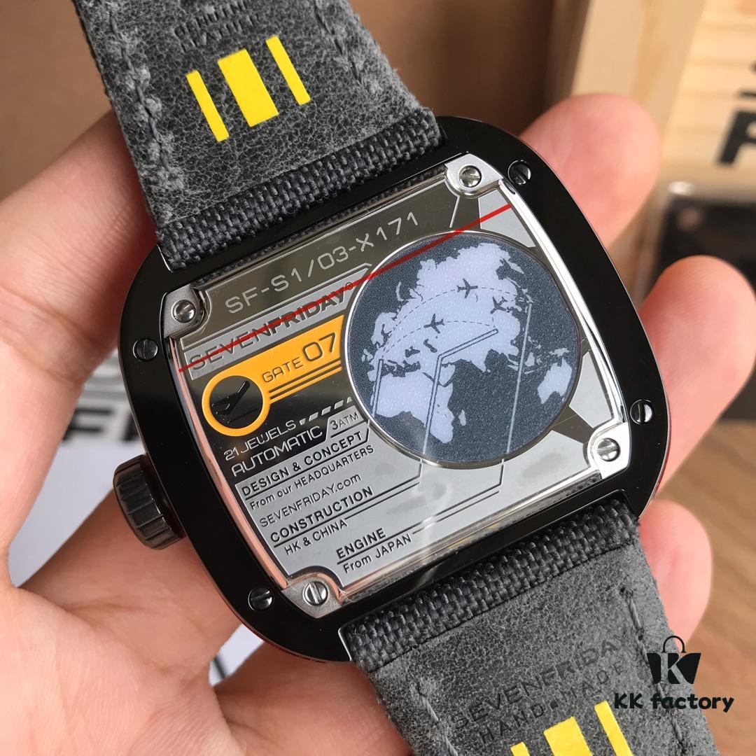 New Arrival SevenFriday, Only Original Factory Stock! Model S1/3, ~47mm Diameter, Genuine Mechanical Movement, Multi-Layer 3D Dial, Sharp Edges, Fully Polished Bezel, Matte Blue Case with Gray Canvas Strap, Highly Stylish, Comes with Original Packaging and an Additional Original Black Silicone Strap!