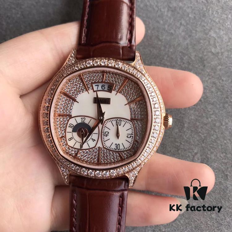 Authentic Taiwan-made 1:1 Piaget Emperador Rectangular Watch, 42mm Diameter, 18K Rose Gold Case with 136 Round Brilliant Diamonds (Approx. 2.6 Carats), White Mother-of-Pearl Dial Set with 164 Round Brilliant Diamonds (Approx. 0.4 Carats) and 18K Rose Gold Hour Markers, Sapphire Crystal Transparent Case Back, Equipped with Piaget 850P Self-winding Mechanical Movement Featuring Small Seconds, Date and Dual Time Zone Display