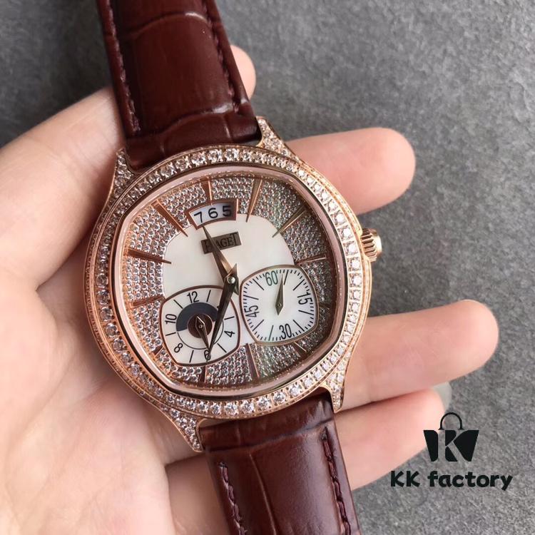 Authentic Taiwan-made 1:1 Piaget Emperador Rectangular Watch, 42mm Diameter, 18K Rose Gold Case with 136 Round Brilliant Diamonds (Approx. 2.6 Carats), White Mother-of-Pearl Dial Set with 164 Round Brilliant Diamonds (Approx. 0.4 Carats) and 18K Rose Gold Hour Markers, Sapphire Crystal Transparent Case Back, Equipped with Piaget 850P Self-winding Mechanical Movement Featuring Small Seconds, Date and Dual Time Zone Display