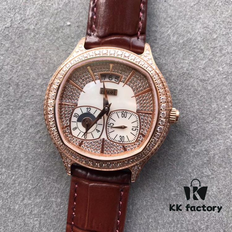 Authentic Taiwan-made 1:1 Piaget Emperador Rectangular Watch, 42mm Diameter, 18K Rose Gold Case with 136 Round Brilliant Diamonds (Approx. 2.6 Carats), White Mother-of-Pearl Dial Set with 164 Round Brilliant Diamonds (Approx. 0.4 Carats) and 18K Rose Gold Hour Markers, Sapphire Crystal Transparent Case Back, Equipped with Piaget 850P Self-winding Mechanical Movement Featuring Small Seconds, Date and Dual Time Zone Display