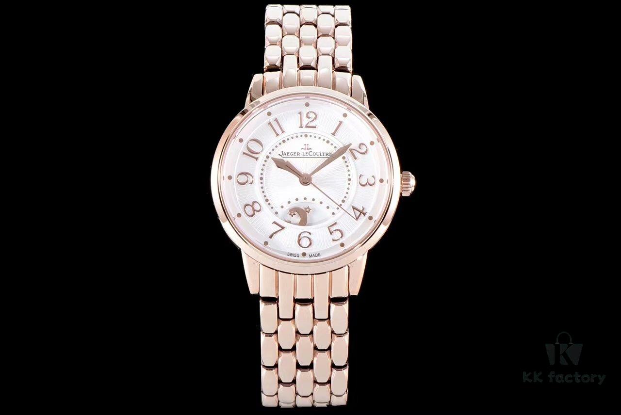 BF Fine V2 Edition Jaeger Rendez-Vous Series Automatic Mechanical Ladies' Watch with Imported Italian Cow Leather Strap, Top-Quality Blued Steel Hands, Equipped with Modified 9015 Movement (Without Additional Plate) Mimicking Original Cal.898A Automatic Self-Winding Movement, Featuring Day-Night Display, Diameter: 34mm, Thickness: 10mm