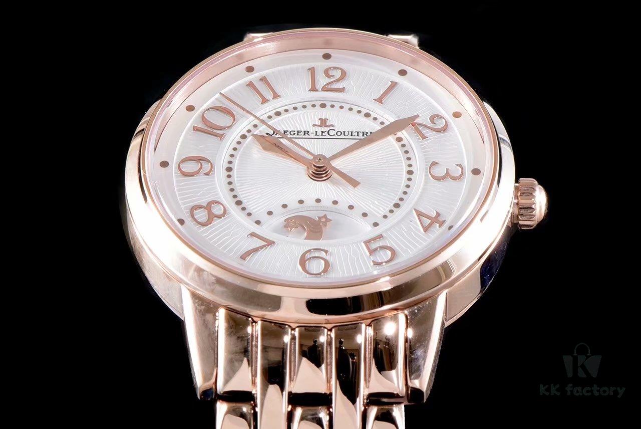 BF Fine V2 Edition Jaeger Rendez-Vous Series Automatic Mechanical Ladies' Watch with Imported Italian Cow Leather Strap, Top-Quality Blued Steel Hands, Equipped with Modified 9015 Movement (Without Additional Plate) Mimicking Original Cal.898A Automatic Self-Winding Movement, Featuring Day-Night Display, Diameter: 34mm, Thickness: 10mm