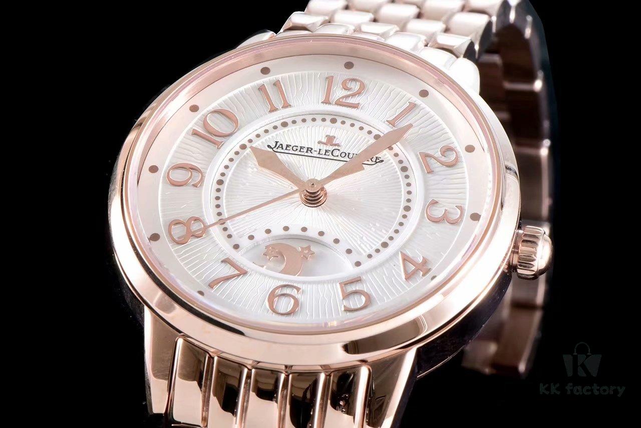 BF Fine V2 Edition Jaeger Rendez-Vous Series Automatic Mechanical Ladies' Watch with Imported Italian Cow Leather Strap, Top-Quality Blued Steel Hands, Equipped with Modified 9015 Movement (Without Additional Plate) Mimicking Original Cal.898A Automatic Self-Winding Movement, Featuring Day-Night Display, Diameter: 34mm, Thickness: 10mm