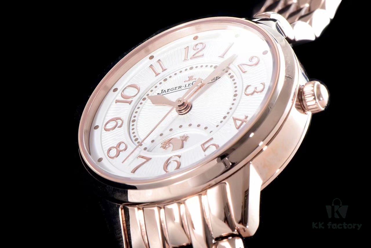 BF Fine V2 Edition Jaeger Rendez-Vous Series Automatic Mechanical Ladies' Watch with Imported Italian Cow Leather Strap, Top-Quality Blued Steel Hands, Equipped with Modified 9015 Movement (Without Additional Plate) Mimicking Original Cal.898A Automatic Self-Winding Movement, Featuring Day-Night Display, Diameter: 34mm, Thickness: 10mm