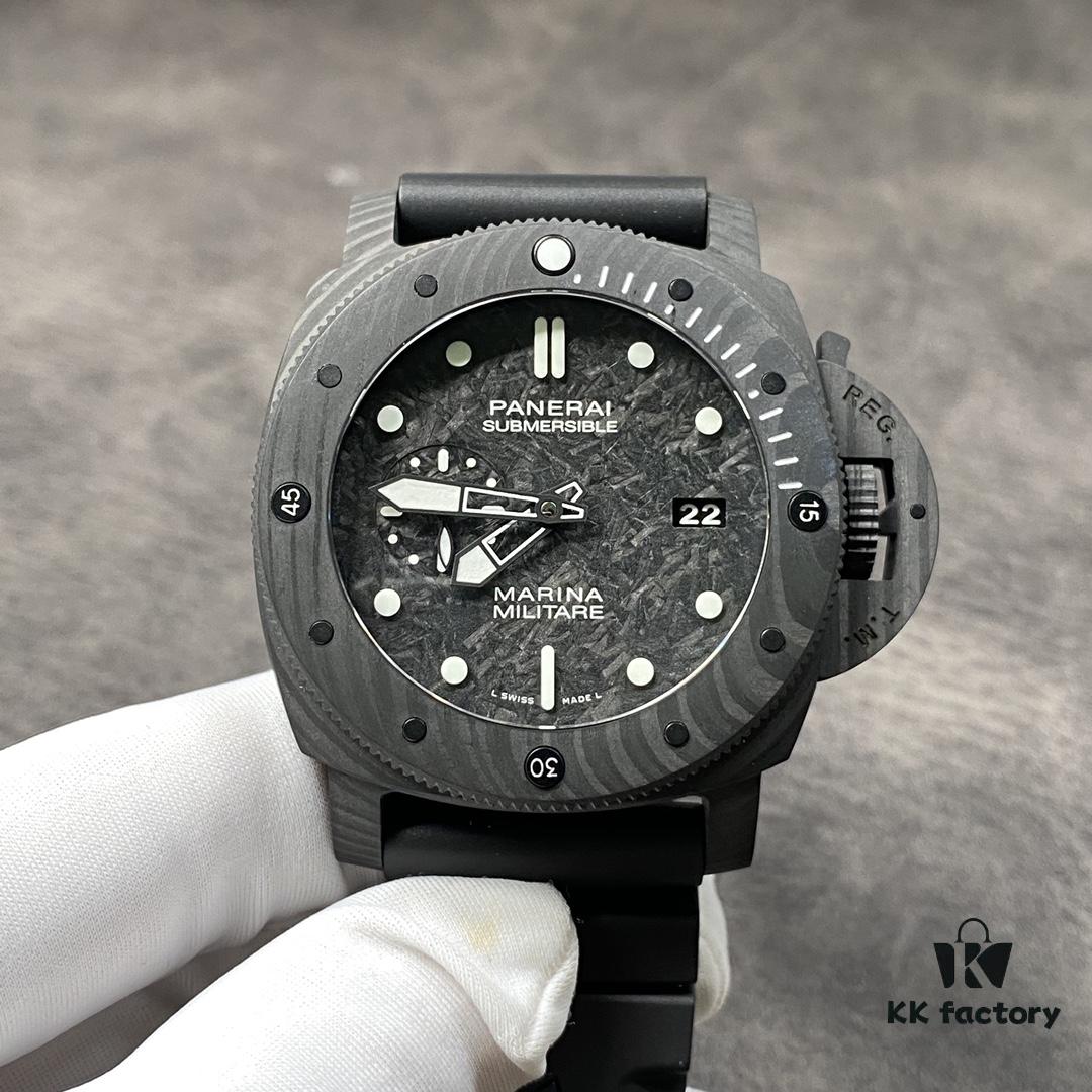 PANERAI Radiomir Submersible Series Automatic Mechanical Diving Watch PAM00979 PAM979 VS979 979 Carbotech Carbon Fiber Case Diving Countdown Bezel Sapphire Crystal Scratch-Resistant Crown Guard Bridge Luminous Dial with Italian Navy Frogman Commando Engraved Titanium PVD Black Case Back Rubber Expansion Strap P.9010 Movement 47mm Diameter