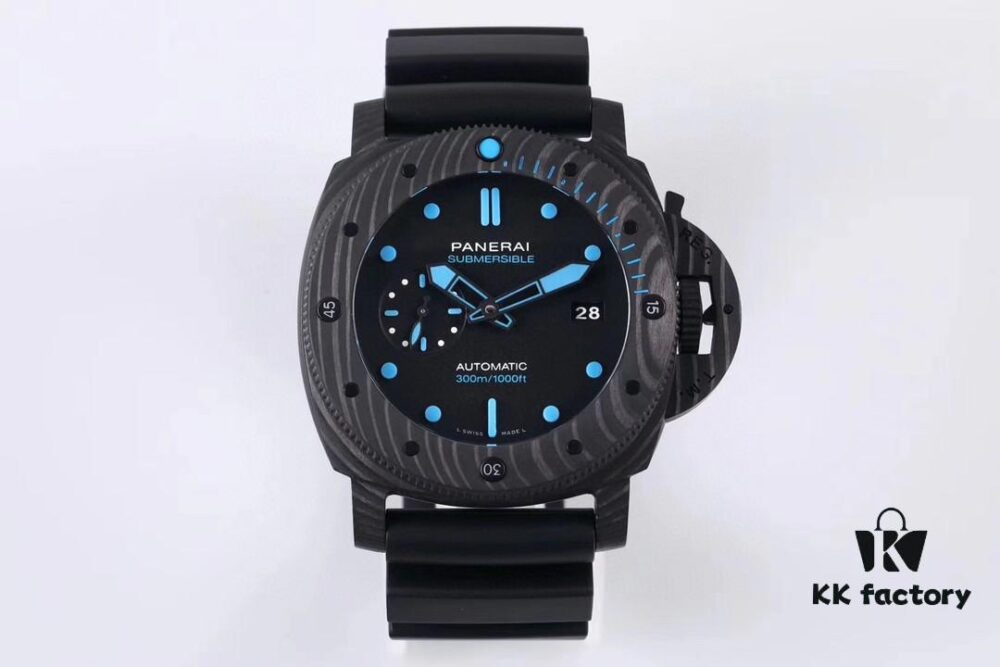 VS Panerai SUBMERSIBLE Series Automatic Mechanical Diving Watch PAM01616 CARBOTECH Carbon Fiber Case Diving Countdown Bezel with Blue Scale Line Sapphire Crystal Screw-down Crown with Safety Bridge Titanium PVD Black Case Back with Engraved Submarine Pattern