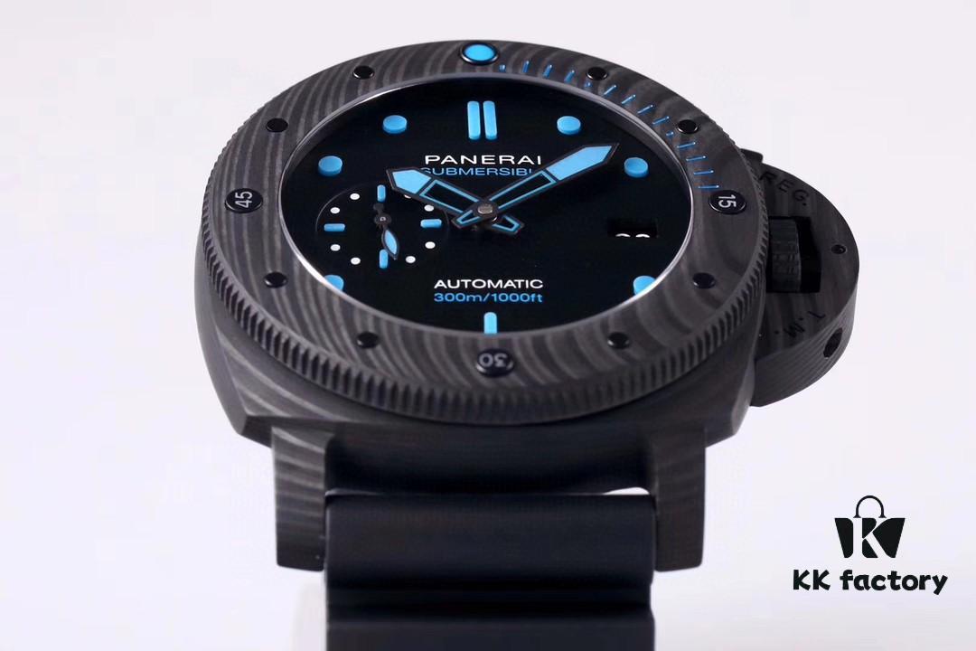 VS Panerai SUBMERSIBLE Series Automatic Mechanical Diving Watch PAM01616 CARBOTECH Carbon Fiber Case Diving Countdown Bezel with Blue Scale Line Sapphire Crystal Screw-down Crown with Safety Bridge Titanium PVD Black Case Back with Engraved Submarine Pattern