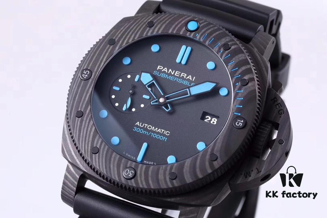 VS Panerai SUBMERSIBLE Series Automatic Mechanical Diving Watch PAM01616 CARBOTECH Carbon Fiber Case Diving Countdown Bezel with Blue Scale Line Sapphire Crystal Screw-down Crown with Safety Bridge Titanium PVD Black Case Back with Engraved Submarine Pattern
