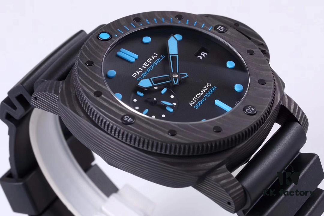 VS Panerai SUBMERSIBLE Series Automatic Mechanical Diving Watch PAM01616 CARBOTECH Carbon Fiber Case Diving Countdown Bezel with Blue Scale Line Sapphire Crystal Screw-down Crown with Safety Bridge Titanium PVD Black Case Back with Engraved Submarine Pattern