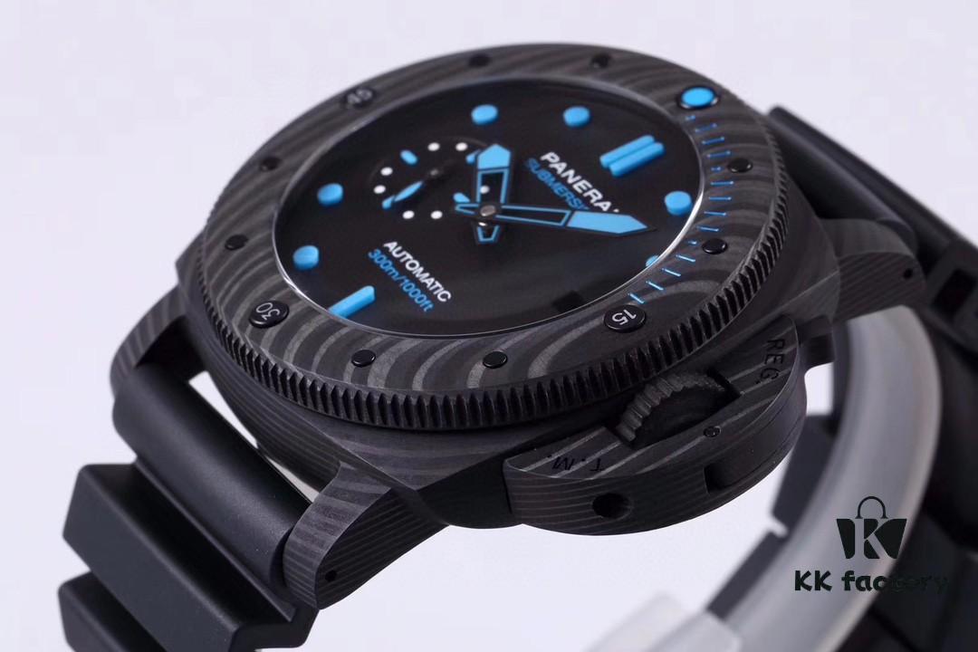 VS Panerai SUBMERSIBLE Series Automatic Mechanical Diving Watch PAM01616 CARBOTECH Carbon Fiber Case Diving Countdown Bezel with Blue Scale Line Sapphire Crystal Screw-down Crown with Safety Bridge Titanium PVD Black Case Back with Engraved Submarine Pattern