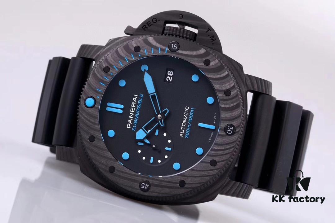 VS Panerai SUBMERSIBLE Series Automatic Mechanical Diving Watch PAM01616 CARBOTECH Carbon Fiber Case Diving Countdown Bezel with Blue Scale Line Sapphire Crystal Screw-down Crown with Safety Bridge Titanium PVD Black Case Back with Engraved Submarine Pattern