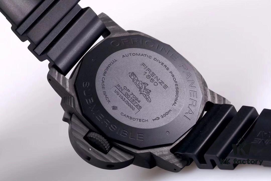 VS Panerai SUBMERSIBLE Series Automatic Mechanical Diving Watch PAM01616 CARBOTECH Carbon Fiber Case Diving Countdown Bezel with Blue Scale Line Sapphire Crystal Screw-down Crown with Safety Bridge Titanium PVD Black Case Back with Engraved Submarine Pattern