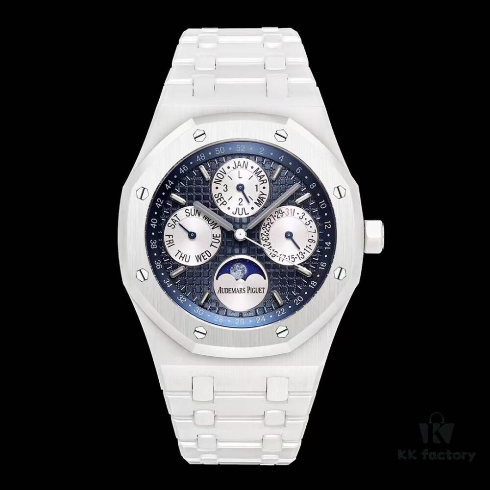 A White Ceramic Royal Oak Series with Grande Tapisserie Dial, Featuring Date, Day, Month, and Astronomically Accurate Moon Phase Display