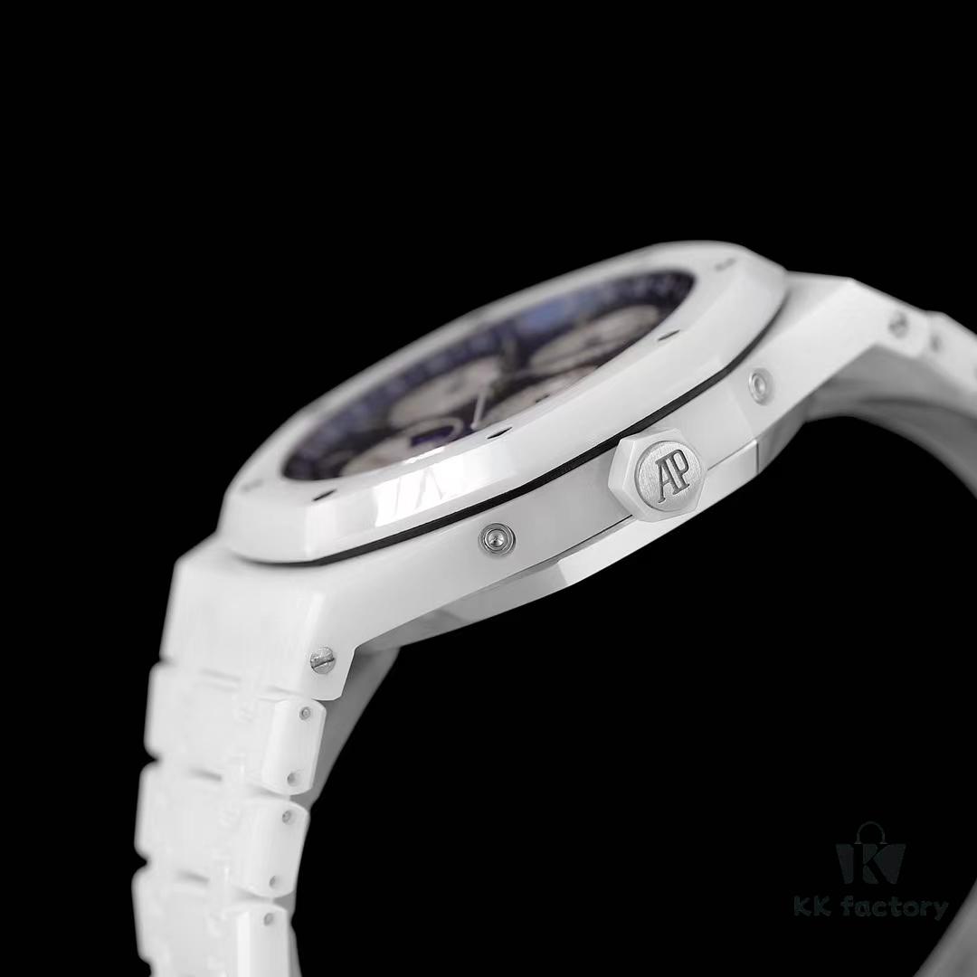 A White Ceramic Royal Oak Series with Grande Tapisserie Dial, Featuring Date, Day, Month, and Astronomically Accurate Moon Phase Display