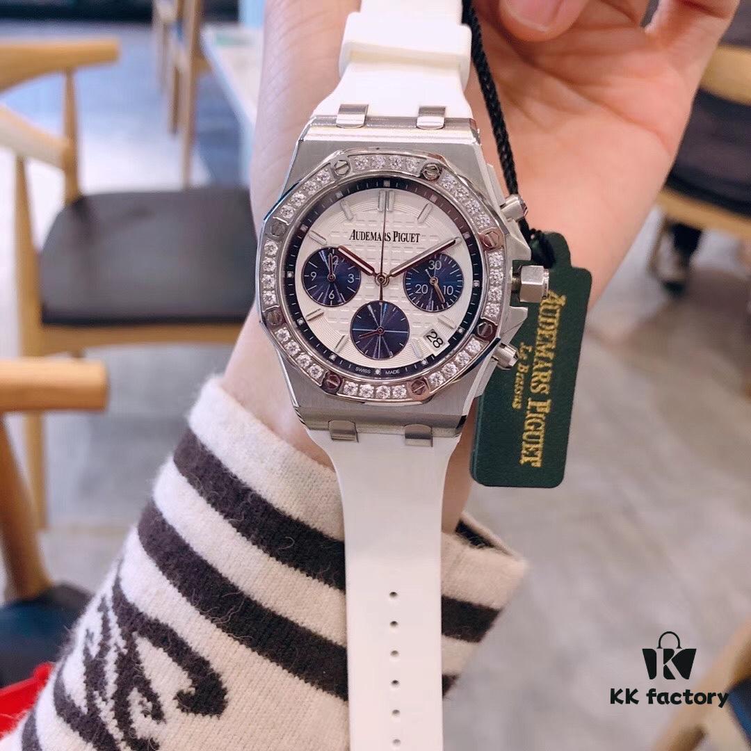 AP Royal Oak Offshore Series Luxury Full Diamond Ladies' Watch, Super Cool and Fashionable, Six-Hand VK Chronograph with Imported Quartz Movement, Sapphire Scratch-Resistant Glass, 316 Stainless Steel Case, Imported Rubber Strap, the Ultimate Classic Among Audemars Piguet Ladies' Watches