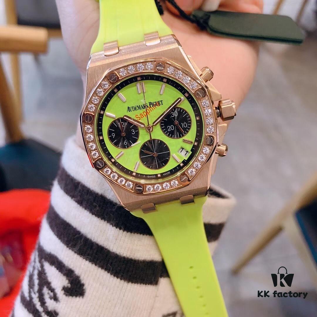 AP Royal Oak Offshore Series Luxury Full Diamond Ladies' Watch, Super Cool and Fashionable, Six-Hand VK Chronograph with Imported Quartz Movement, Sapphire Scratch-Resistant Glass, 316 Stainless Steel Case, Imported Rubber Strap, the Ultimate Classic Among Audemars Piguet Ladies' Watches