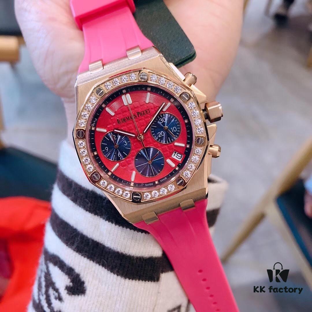 AP Royal Oak Offshore Series Luxury Full Diamond Ladies' Watch, Super Cool and Fashionable, Six-Hand VK Chronograph with Imported Quartz Movement, Sapphire Scratch-Resistant Glass, 316 Stainless Steel Case, Imported Rubber Strap, the Ultimate Classic Among Audemars Piguet Ladies' Watches