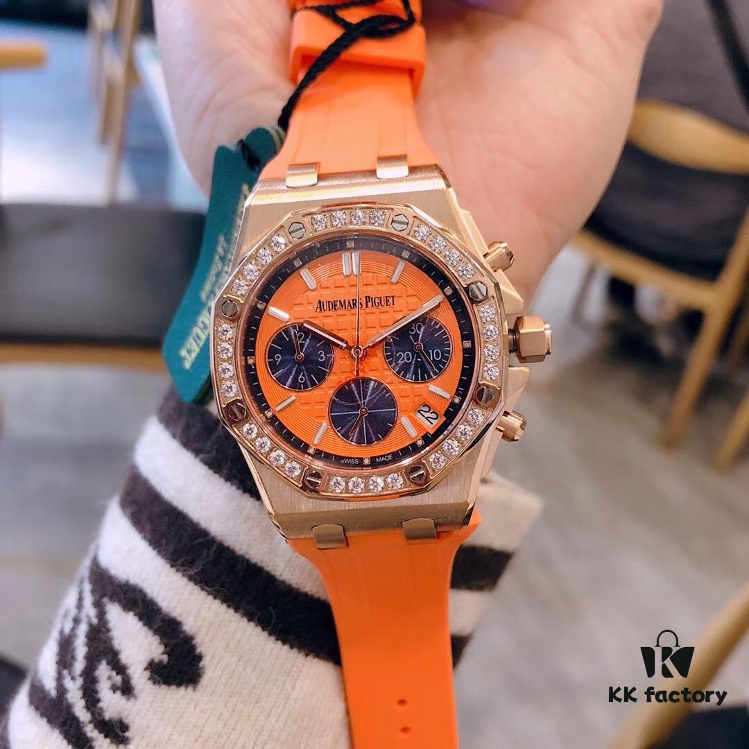 AP Royal Oak Offshore Series Luxury Full Diamond Ladies' Watch, Super Cool and Fashionable, Six-Hand VK Chronograph with Imported Quartz Movement, Sapphire Scratch-Resistant Glass, 316 Stainless Steel Case, Imported Rubber Strap, the Ultimate Classic Among Audemars Piguet Ladies' Watches