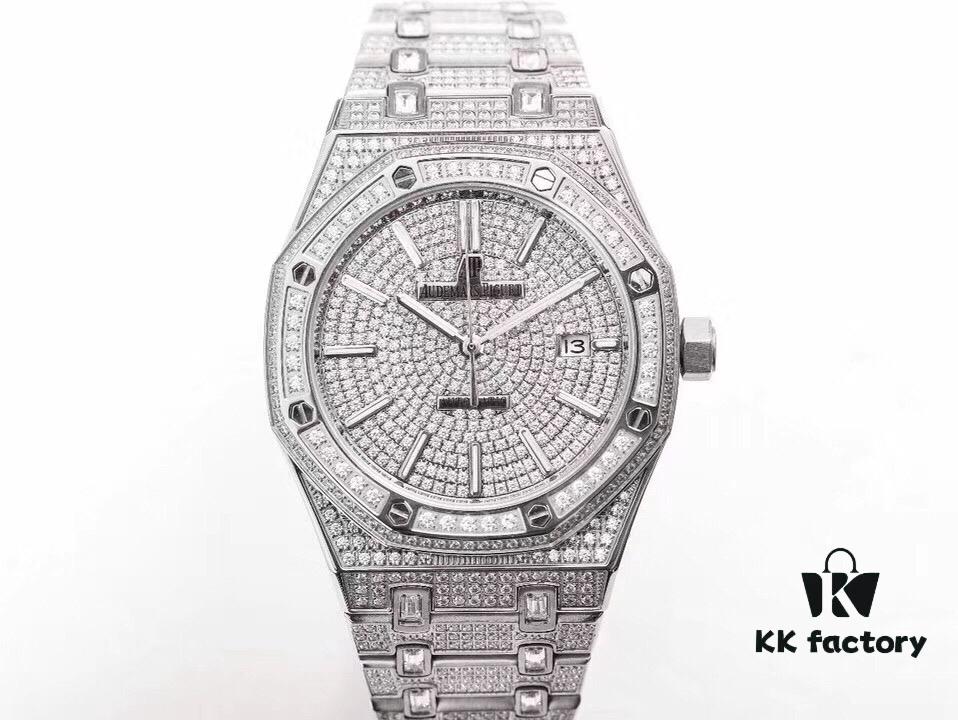 TZ Royal Oak Series 15452 Men's Full Diamond Pavé Watch (New Version: Side Diamonds, Bracelet Set with Large Square Diamonds, Bar Index Markers, and Built-in Logo)