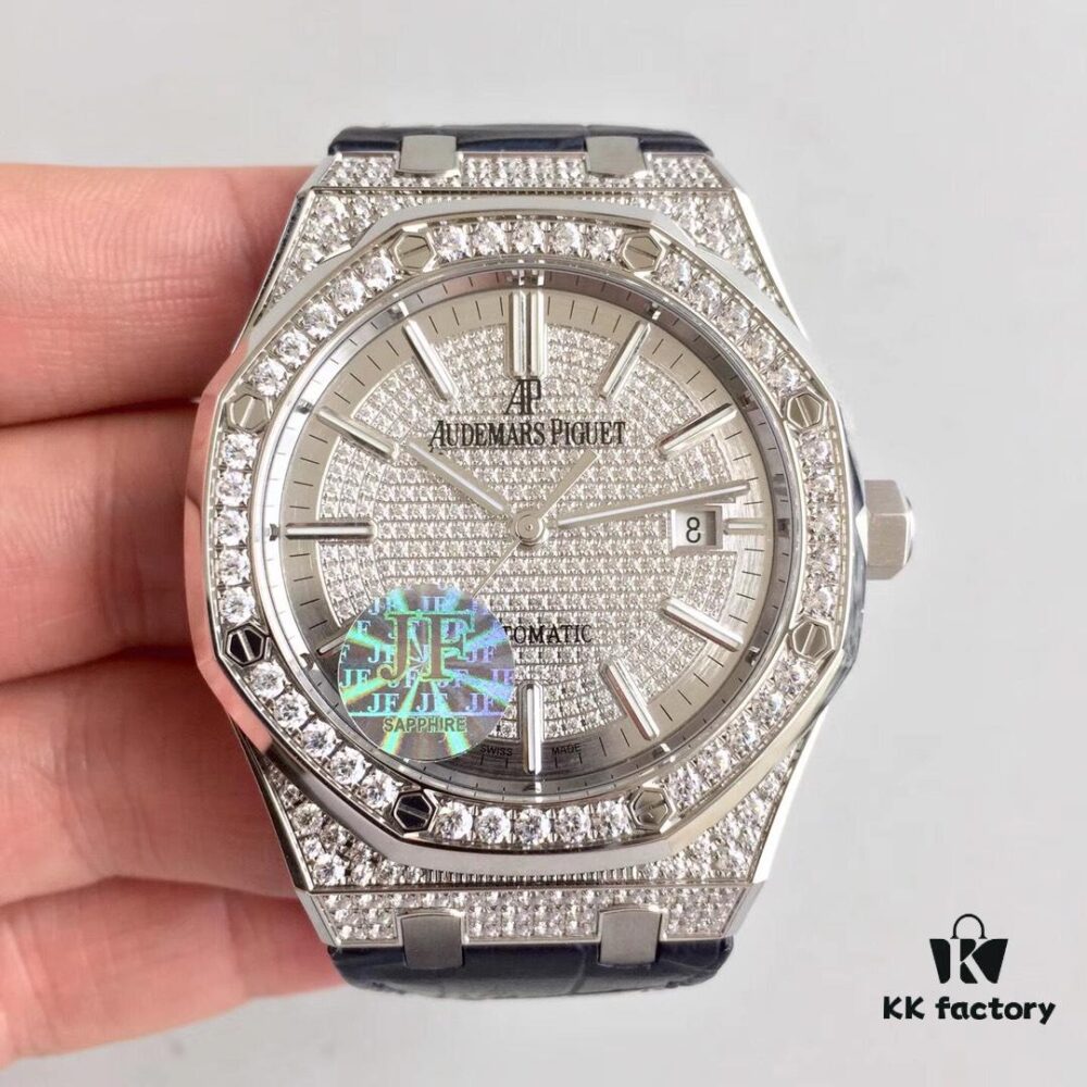 JF AP Royal Oak 15452 Full Paved Swarovski Crystal Couple Watches, Men's 41mm and Women's 37mm, Automatic Mechanical Movement Modified from Citizen 9015 Cal.3120, 316 Stainless Steel Case and Bracelet, Sapphire Crystal, Swarovski Crystals, Luminous Dial Hands, Leather Strap with Folding Clasp, 50m Water Resistance, Model MS2M-S4/5BY