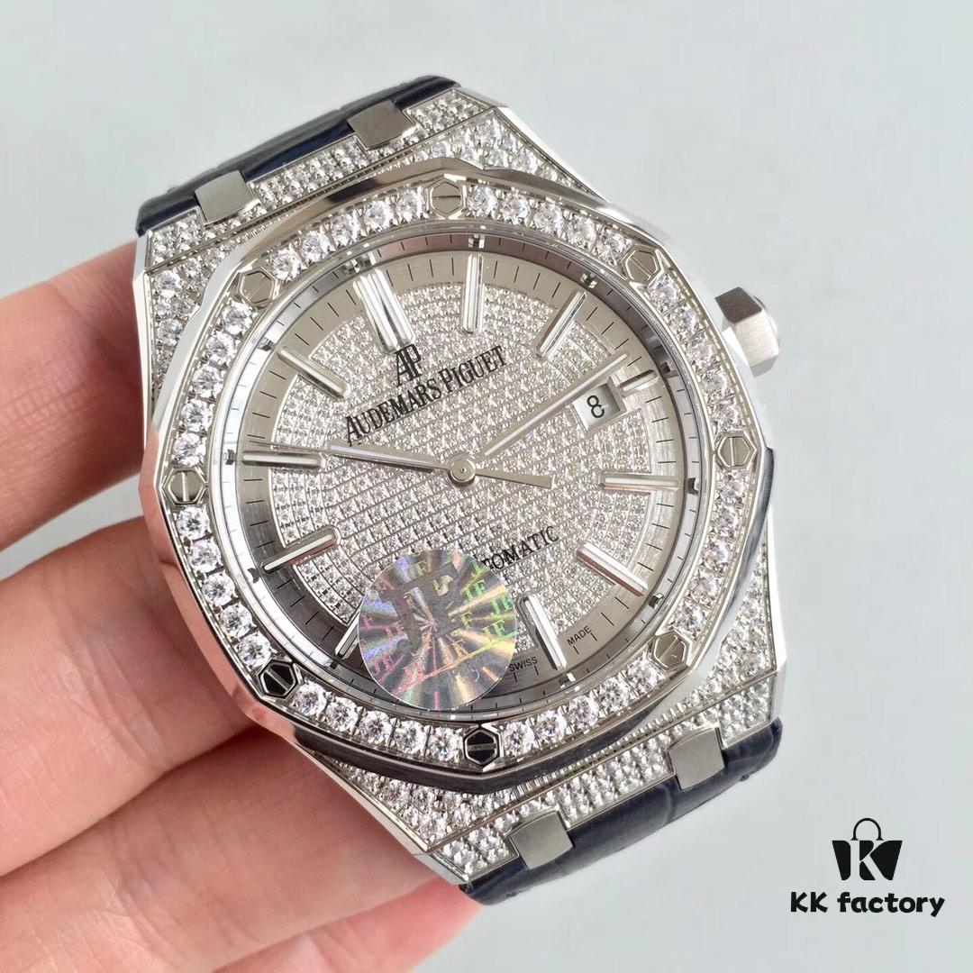 JF AP Royal Oak 15452 Full Paved Swarovski Crystal Couple Watches, Men's 41mm and Women's 37mm, Automatic Mechanical Movement Modified from Citizen 9015 Cal.3120, 316 Stainless Steel Case and Bracelet, Sapphire Crystal, Swarovski Crystals, Luminous Dial Hands, Leather Strap with Folding Clasp, 50m Water Resistance, Model MS2M-S4/5BY