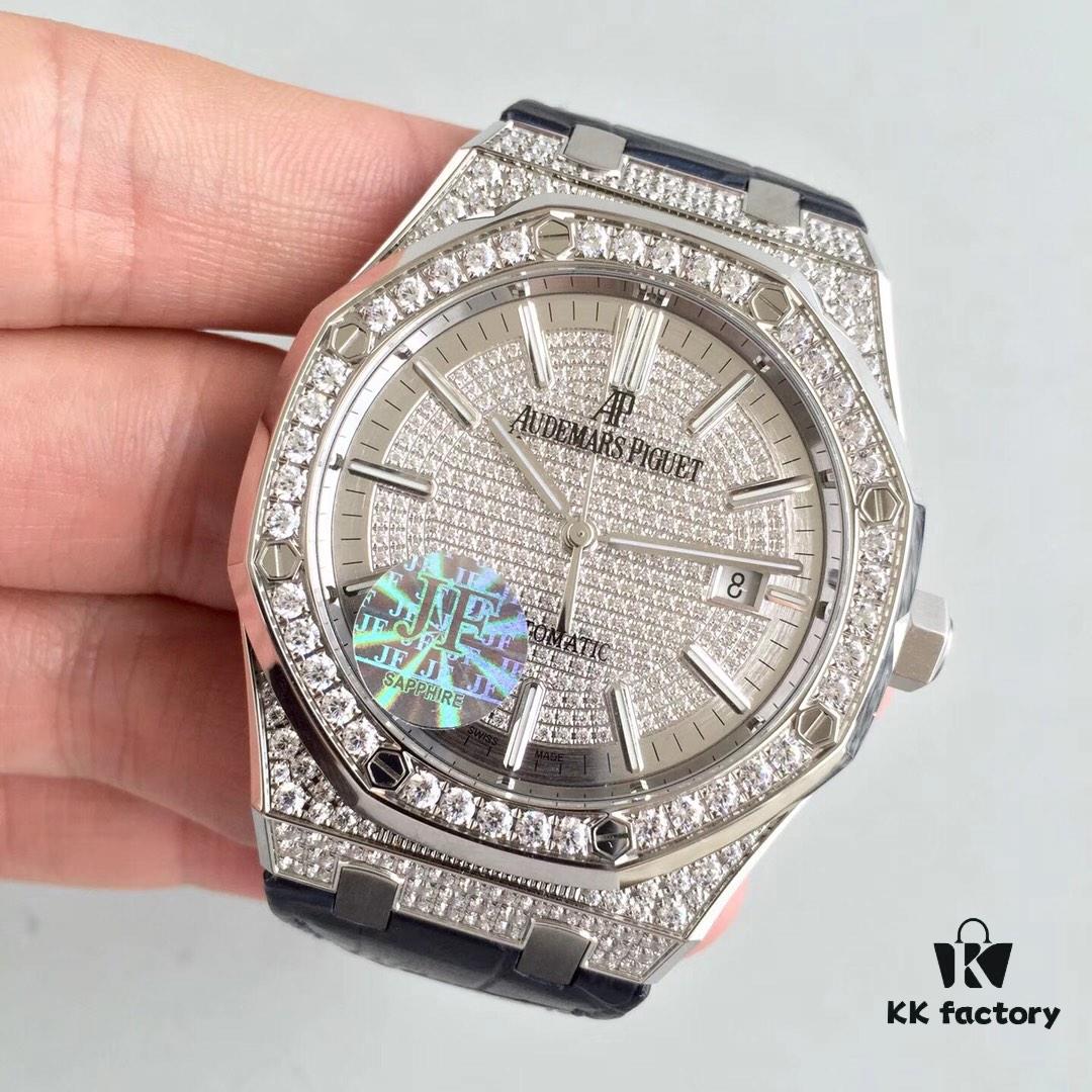 JF AP Royal Oak 15452 Full Paved Swarovski Crystal Couple Watches, Men's 41mm and Women's 37mm, Automatic Mechanical Movement Modified from Citizen 9015 Cal.3120, 316 Stainless Steel Case and Bracelet, Sapphire Crystal, Swarovski Crystals, Luminous Dial Hands, Leather Strap with Folding Clasp, 50m Water Resistance, Model MS2M-S4/5BY