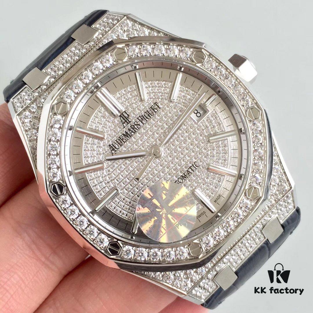 JF AP Royal Oak 15452 Full Paved Swarovski Crystal Couple Watches, Men's 41mm and Women's 37mm, Automatic Mechanical Movement Modified from Citizen 9015 Cal.3120, 316 Stainless Steel Case and Bracelet, Sapphire Crystal, Swarovski Crystals, Luminous Dial Hands, Leather Strap with Folding Clasp, 50m Water Resistance, Model MS2M-S4/5BY