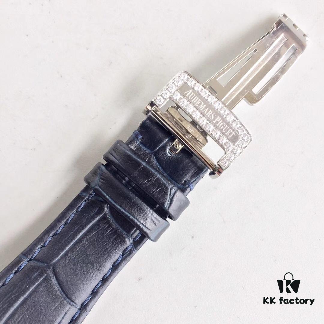 JF AP Royal Oak 15452 Full Paved Swarovski Crystal Couple Watches, Men's 41mm and Women's 37mm, Automatic Mechanical Movement Modified from Citizen 9015 Cal.3120, 316 Stainless Steel Case and Bracelet, Sapphire Crystal, Swarovski Crystals, Luminous Dial Hands, Leather Strap with Folding Clasp, 50m Water Resistance, Model MS2M-S4/5BY