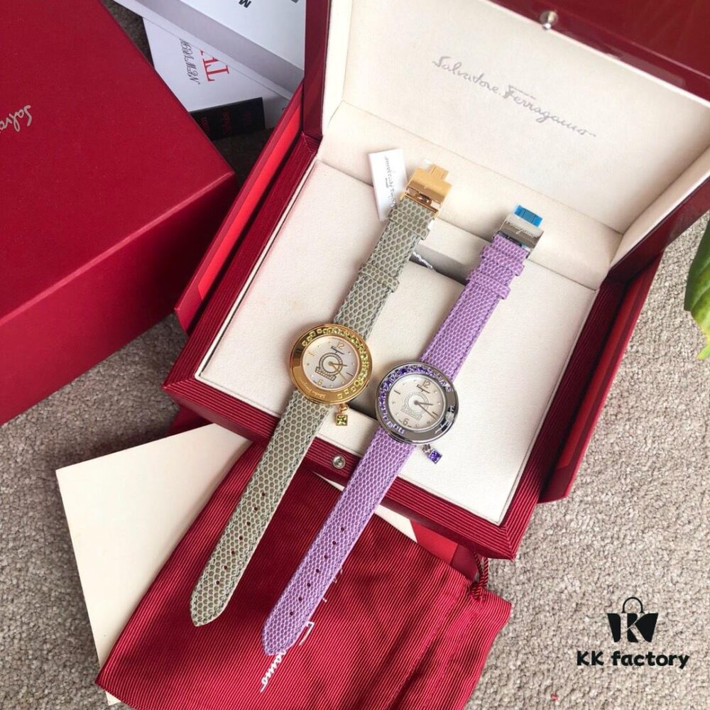 Authentic Ferragamo F64 Series, 38mm Case Diameter, Swiss Original Movement, Bezel Set with Colorful Crystals