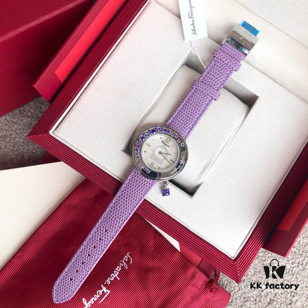 Authentic Ferragamo F64 Series, 38mm Case Diameter, Swiss Original Movement, Bezel Set with Colorful Crystals