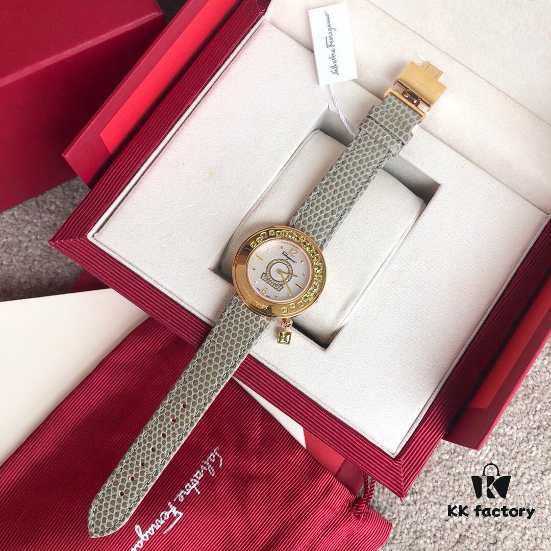 Authentic Ferragamo F64 Series, 38mm Case Diameter, Swiss Original Movement, Bezel Set with Colorful Crystals