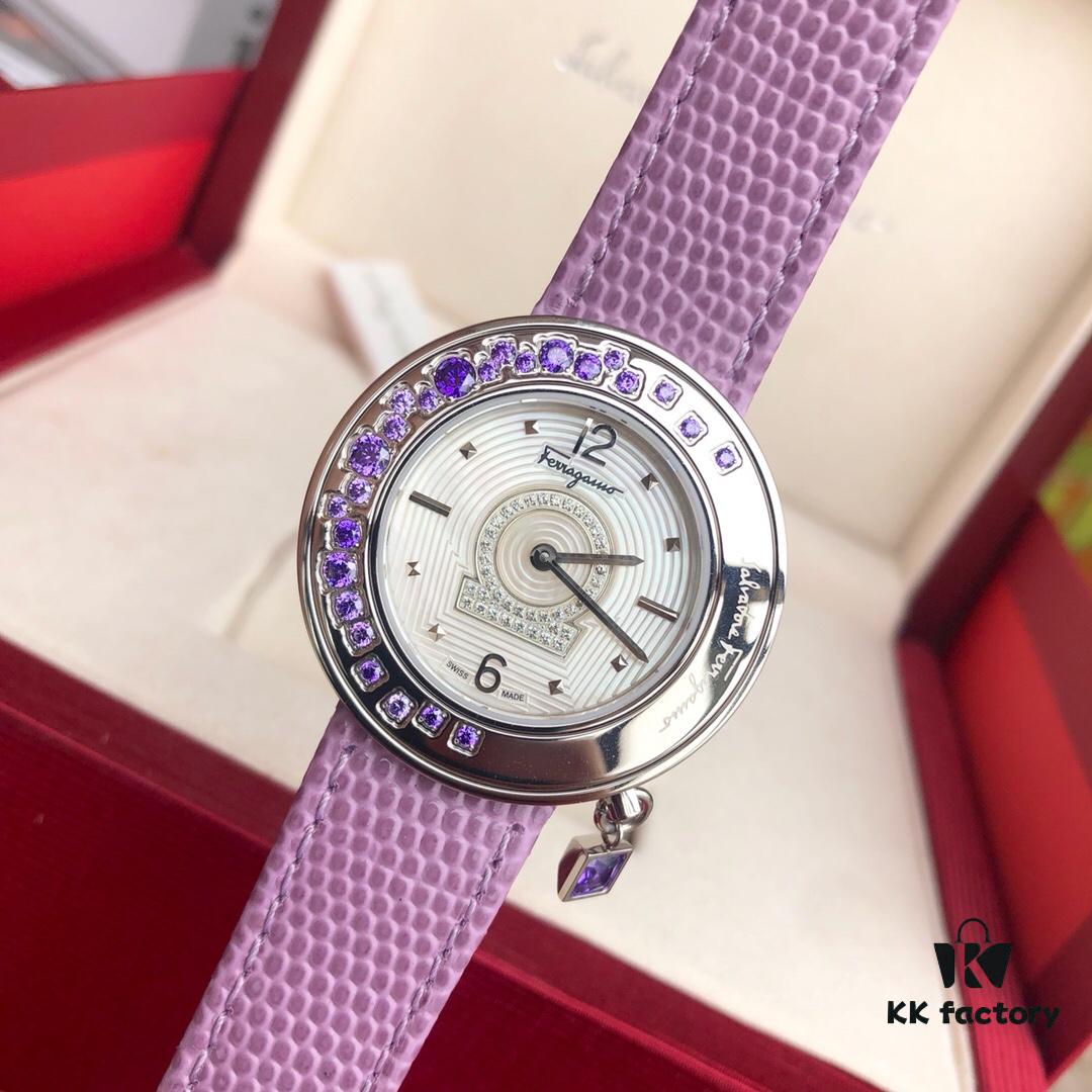 Authentic Ferragamo F64 Series, 38mm Case Diameter, Swiss Original Movement, Bezel Set with Colorful Crystals