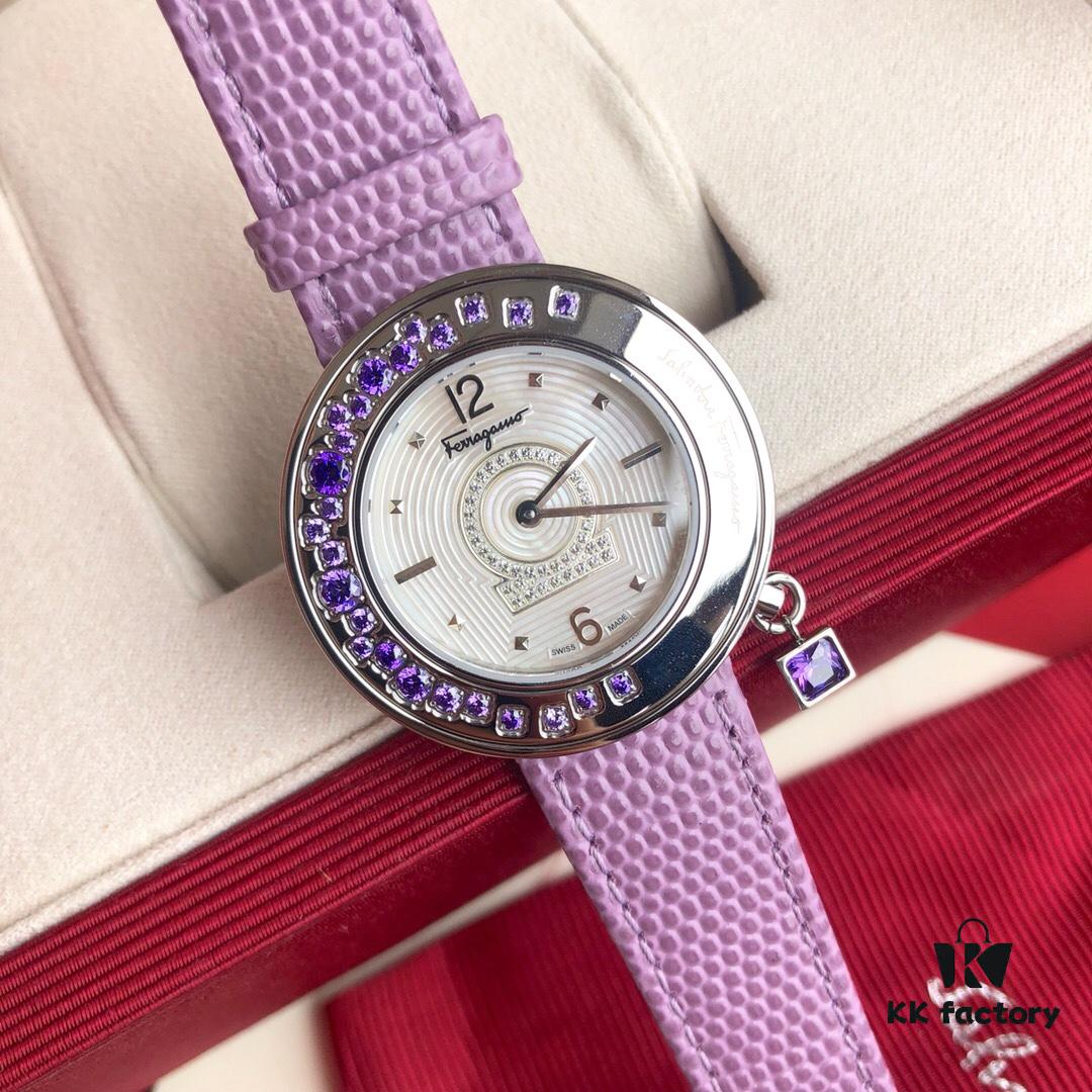 Authentic Ferragamo F64 Series, 38mm Case Diameter, Swiss Original Movement, Bezel Set with Colorful Crystals