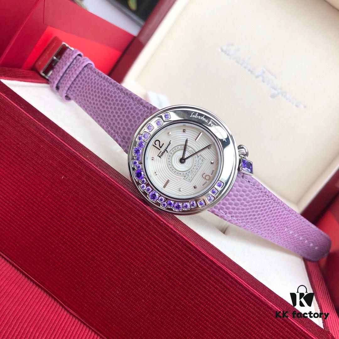 Authentic Ferragamo F64 Series, 38mm Case Diameter, Swiss Original Movement, Bezel Set with Colorful Crystals