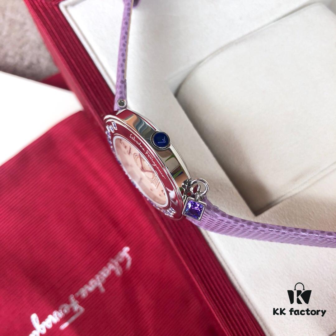 Authentic Ferragamo F64 Series, 38mm Case Diameter, Swiss Original Movement, Bezel Set with Colorful Crystals