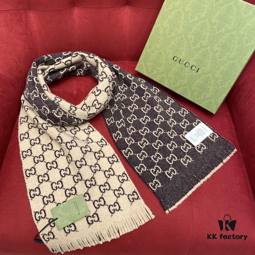 GUCCI Double-Sided Wool Scarf Classic Small Double G Logo, Khaki and Coffee Color Combination, Unisex Design