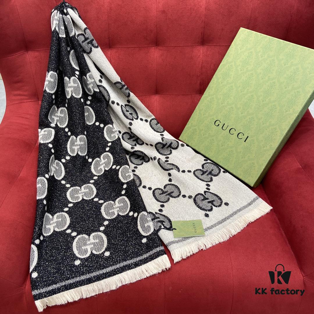 Gucci Unisex Wool Jacquard Scarf with Metallic Thread, Three Colors Available