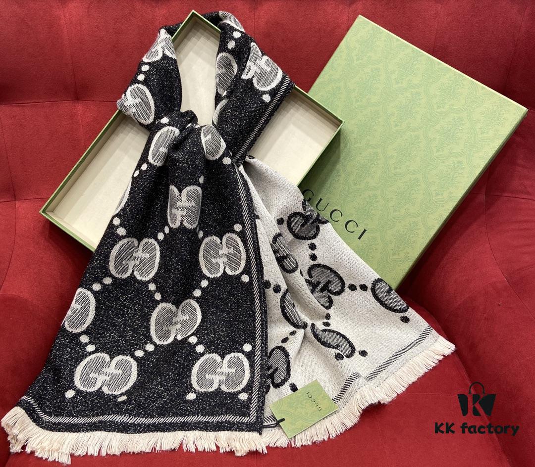 Gucci Unisex Wool Jacquard Scarf with Metallic Thread, Three Colors Available