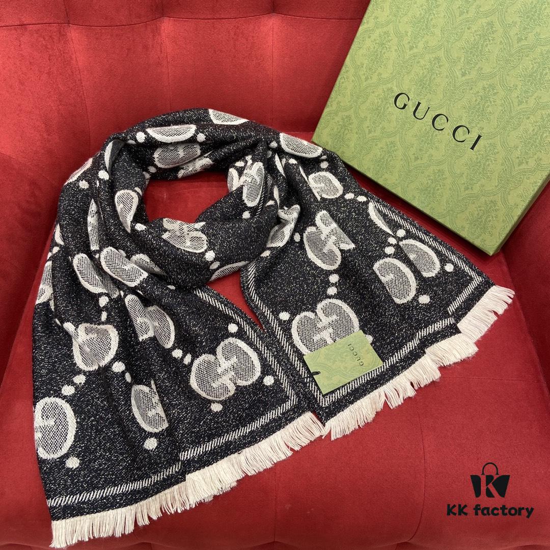 Gucci Unisex Wool Jacquard Scarf with Metallic Thread, Three Colors Available