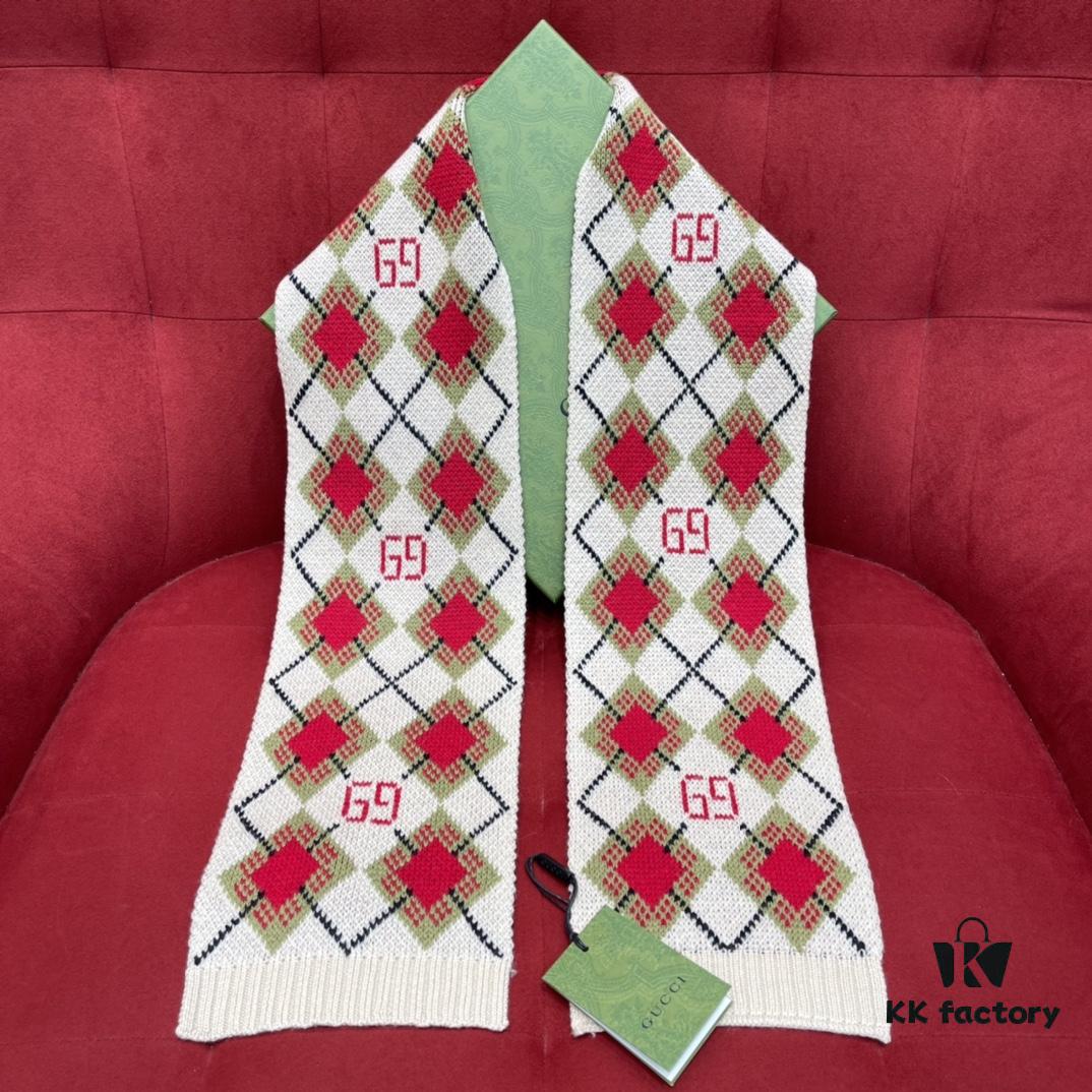 Bestseller GUCCI Geometric Pattern Kids' Scarf, Adorable Style Suitable for Adults Too – Vintage Charm, Super Soft and Non-Irritating, 100% Wool, 16*140cm