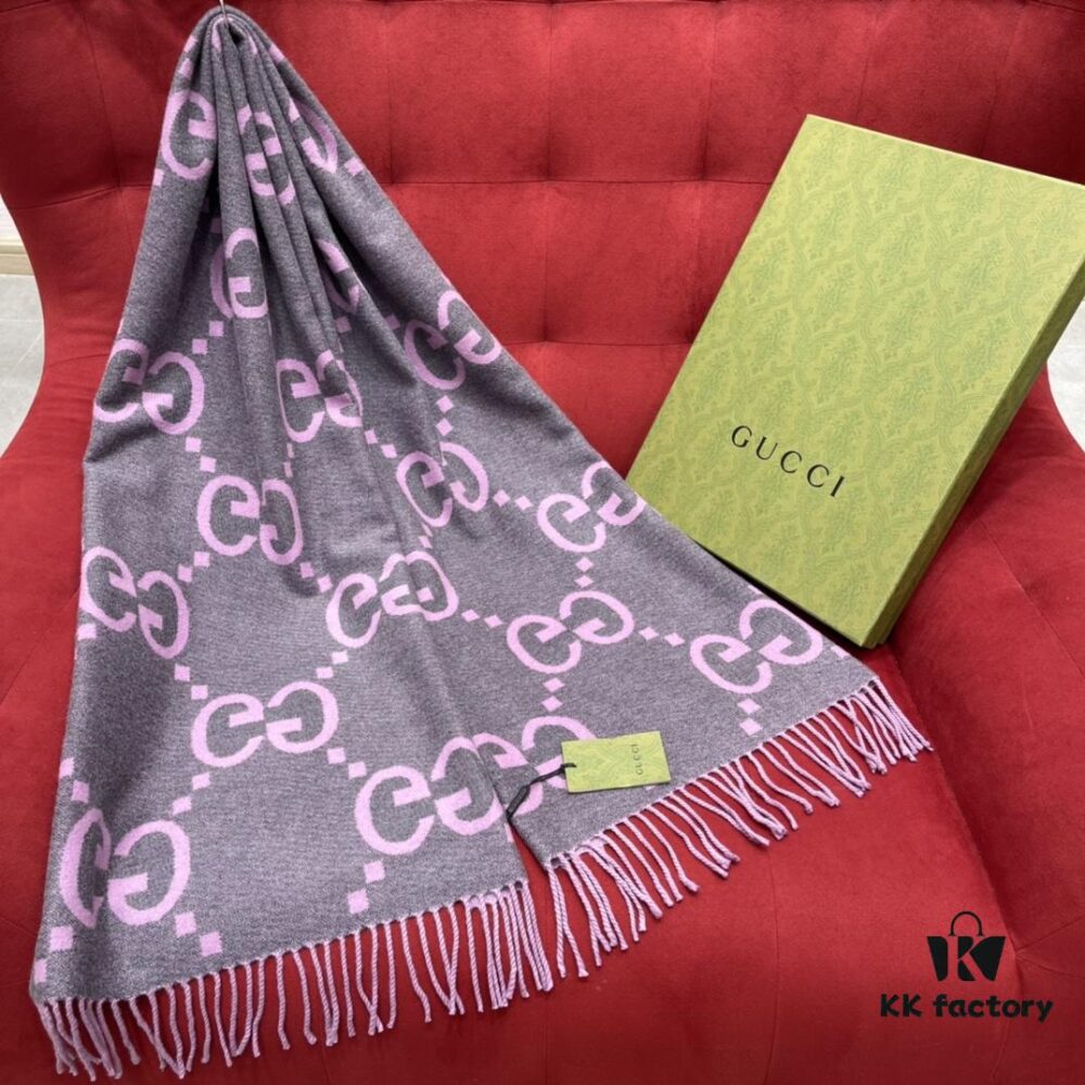 Gray Pink GUCCI Double-Sided Large Tassel Scarf – 100% Cashmere, Extremely Soft and Skin-Friendly, Luxurious and Elegant Unisex Scarf, 45*200CM