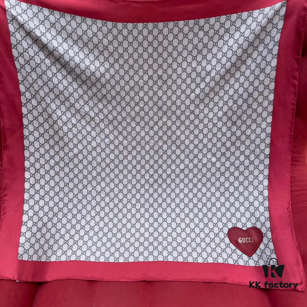 Gucci Red Silk Scarf with Shiny Heart and Classic Monogram, Elegant and Versatile, 100% Silk, 90*90cm