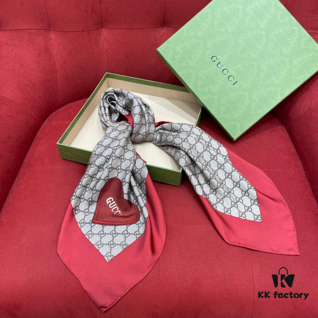 Gucci Red Silk Scarf with Shiny Heart and Classic Monogram, Elegant and Versatile, 100% Silk, 90*90cm