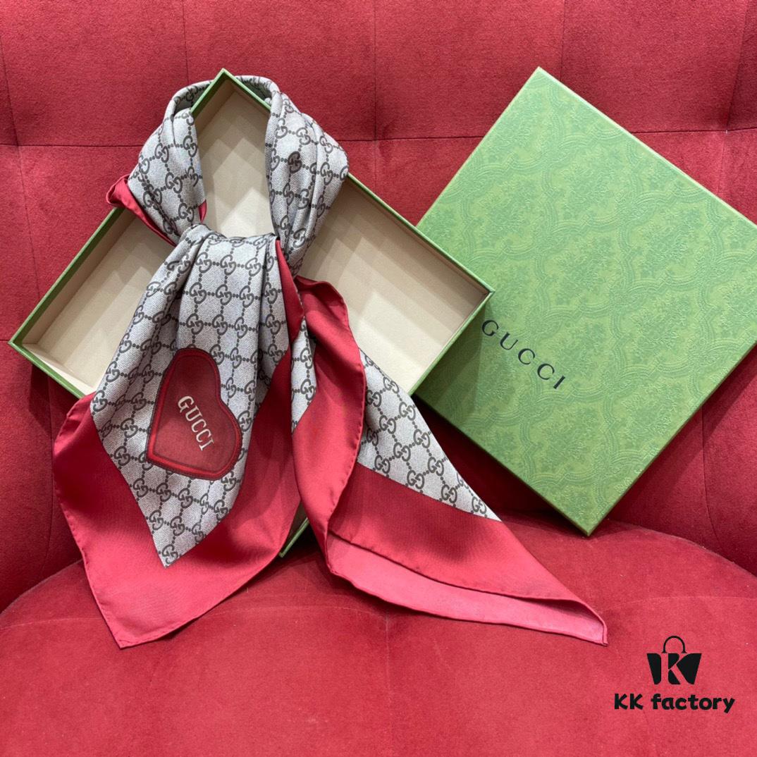 Gucci Red Silk Scarf with Shiny Heart and Classic Monogram, Elegant and Versatile, 100% Silk, 90*90cm