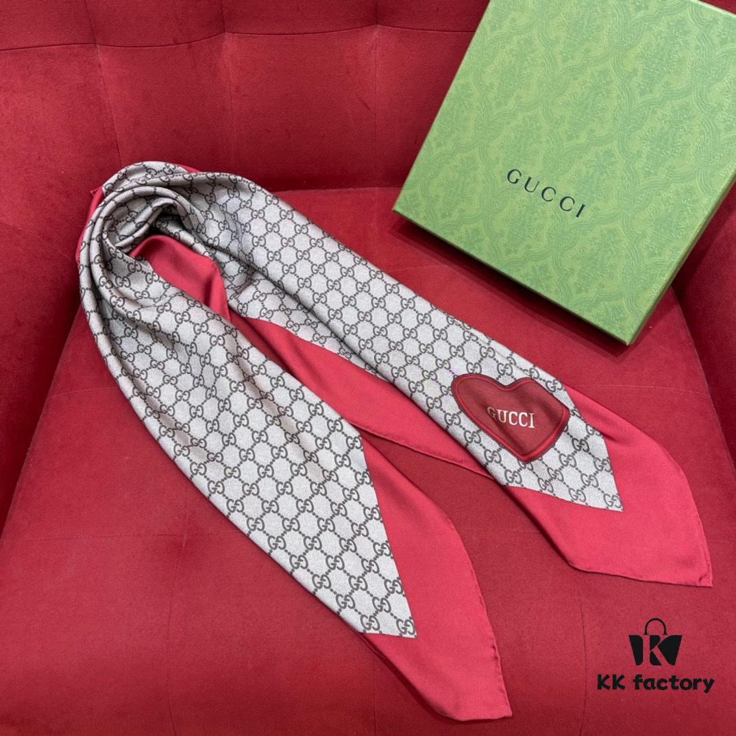 Gucci Red Silk Scarf with Shiny Heart and Classic Monogram, Elegant and Versatile, 100% Silk, 90*90cm