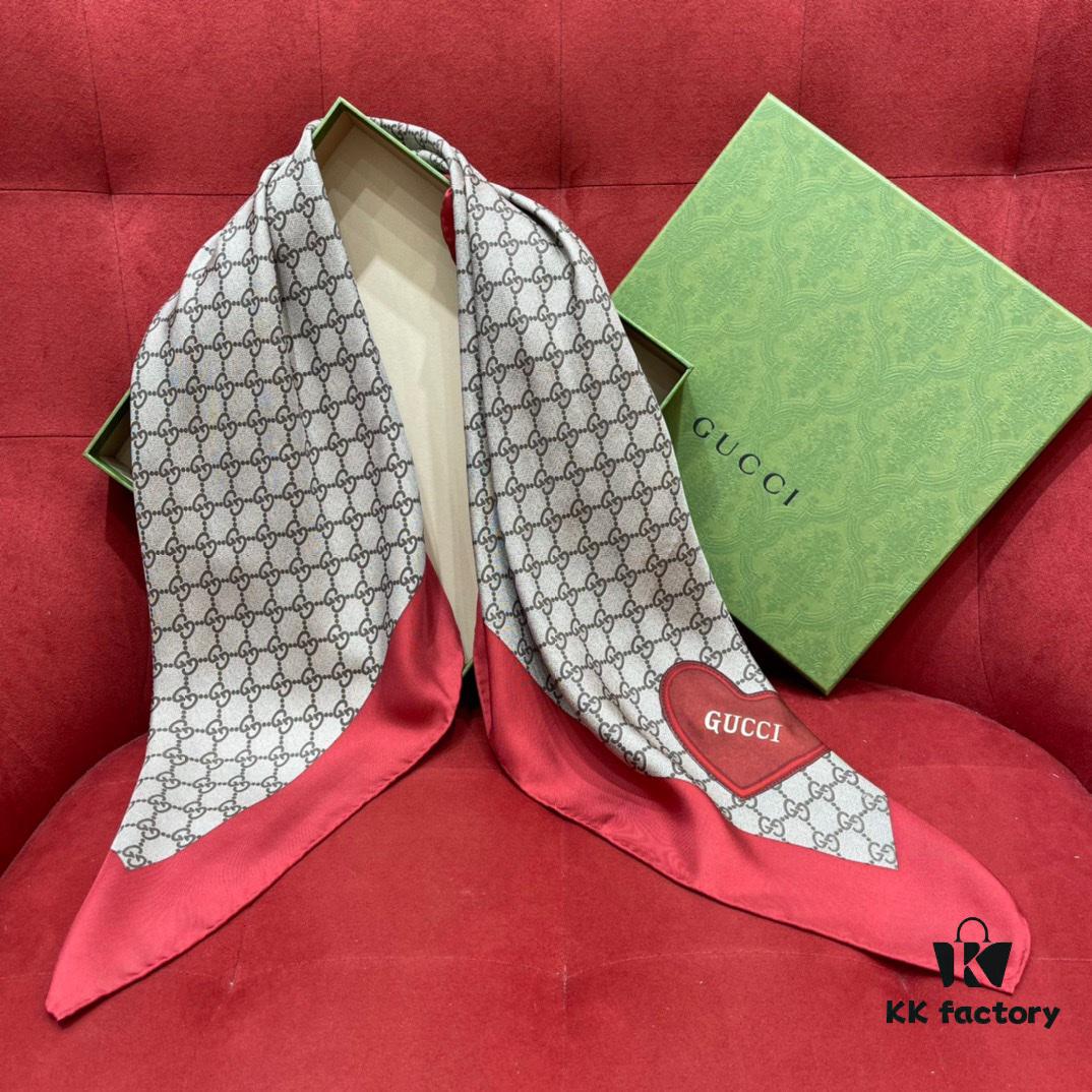 Gucci Red Silk Scarf with Shiny Heart and Classic Monogram, Elegant and Versatile, 100% Silk, 90*90cm