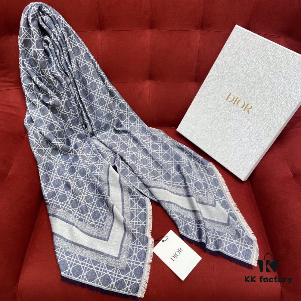 Dior Denim Blue Checkered Shawl - 140*140cm Multifunctional Scarf Made of Wool, Silk, and Cashmere Blend